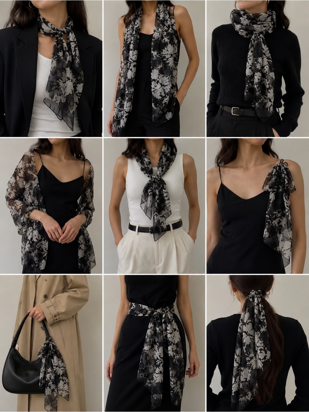 Anne Klein 100% Silk Floral Oblong Scarf Black White Gray Lightweight Wrap